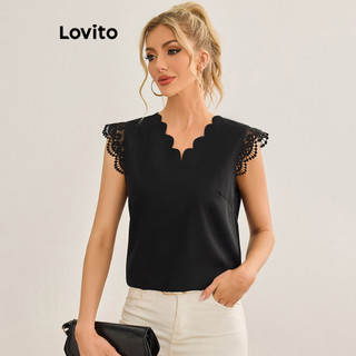 Lovito Blusa elegante de renda lisa com costura e babados no pescoço para mulheres LBL19350 em Oferta na Shopee