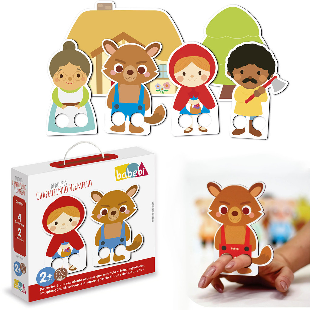 Dedoche Chapeuzinho Vermelho Kit 4 Personagens 2 Cenários 2+