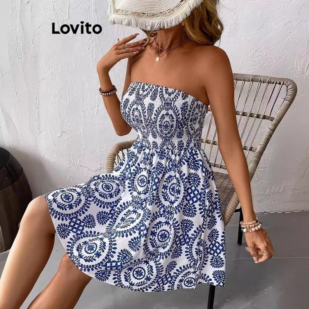 Detalhes do Lovito Vestido Casual Com Estampa Tribal E Vestido Franzido Para Mulheres LNL75266