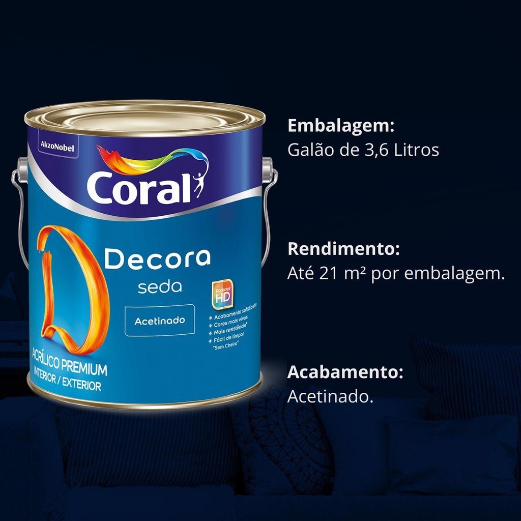 Tinta Acrílica Coral Decora Seda Premium Interna 3,6 Litros Acetinado Acabamento Perfeito · foto 2