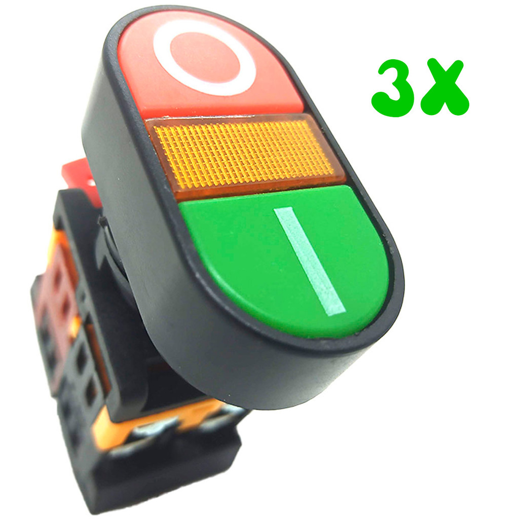Kit 3 Botão de Comando Liga Desliga Elétrico Duplo com Iluminação 1na 1nf Pulso Apbb