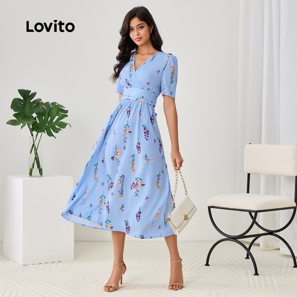 Lovito Vestido Casual Ditsy Floral com amarração nas costas cruzado para mulheres LBL23708 - Women Clothes