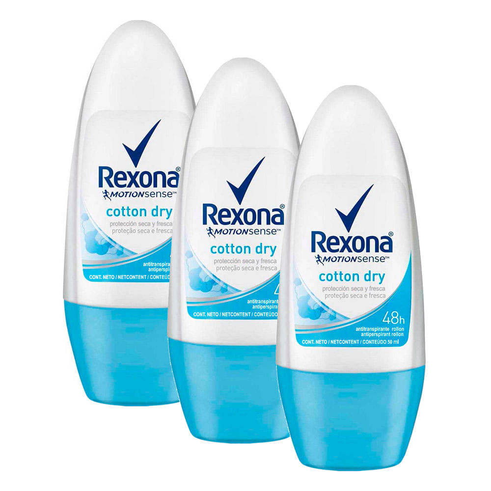Kit 3 Desodorante Antitranspirante Rexona Cotton Dry Roll-on com 50ml - Beauty