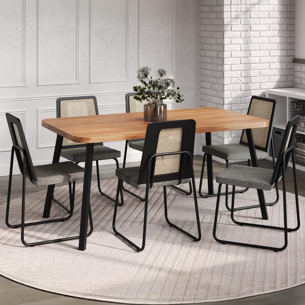 Conjunto Sala de Jantar 6 Cadeiras Catânia Carraro Nogal e Preto em Oferta na Shopee