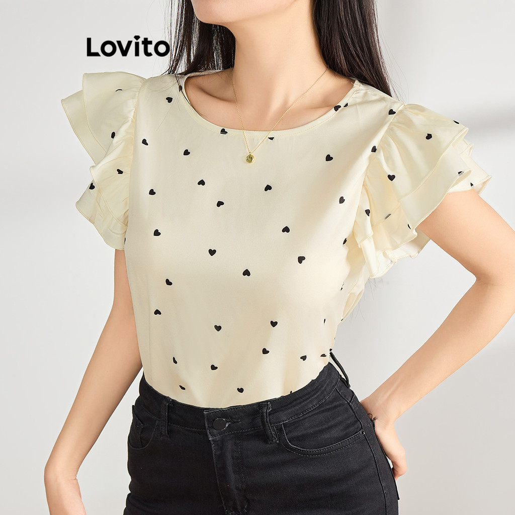 Detalhes do Lovito Blusa Casual Blusa Lisa Com Babados Para Mulheres L112ED764