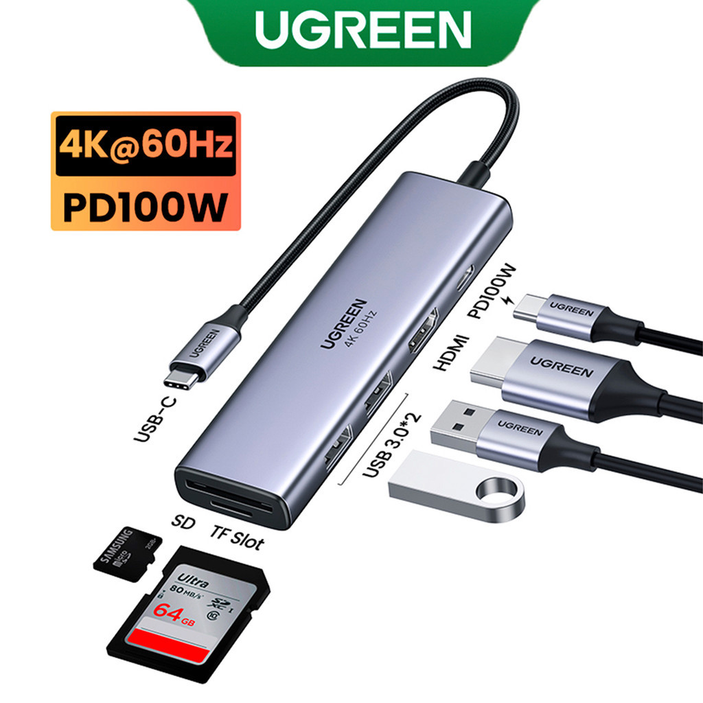 Ugreen Hub Adaptador Multiportas 6 em 1 para Usb C Cinza