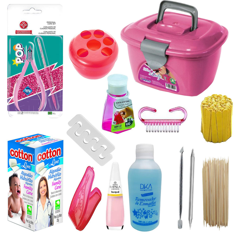 Kit Manicure + Mini Maleta + Esmalte + Estojo porta  Algodão 25g Alicate Mundial Pop