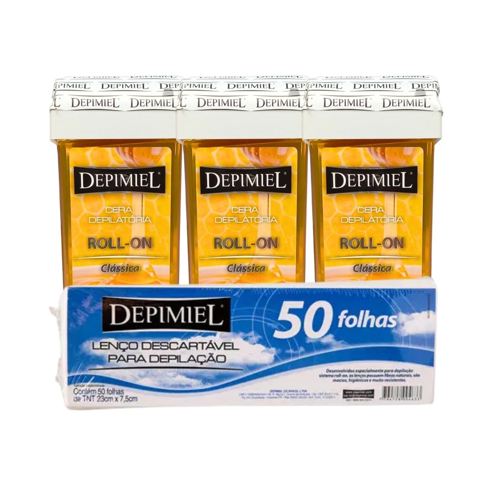 Kit 50 Folha Lenço Descartável E 3 Cera Roll-on Mel Depimiel