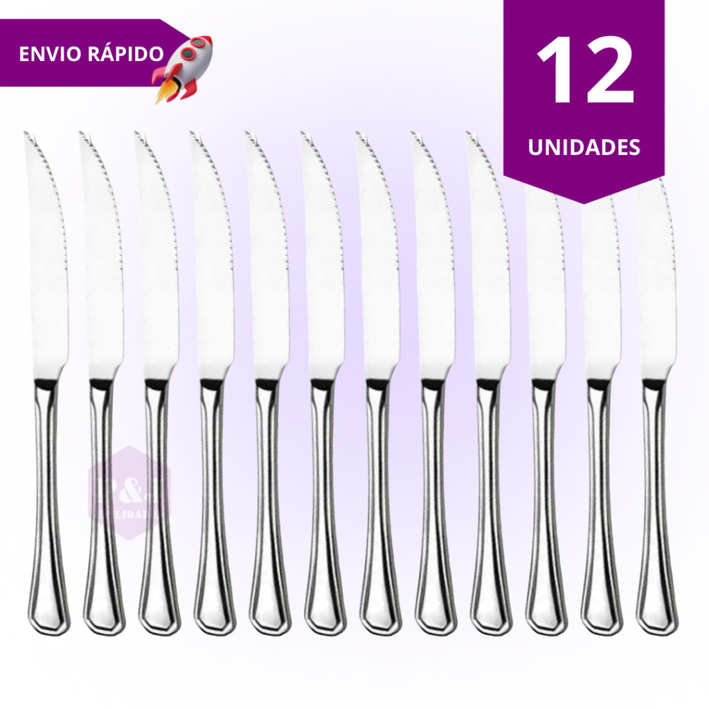 Kit de Facas de Inox 12 Peças para Cozinha Mesa Talher Casa e Restaurante Churrasco Uso Profissional e Doméstico