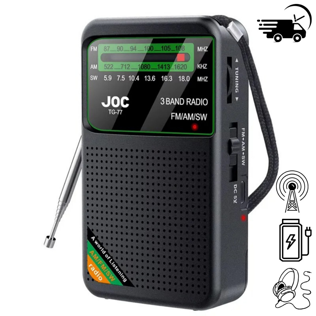 Rádio Portátil 3 Bandas AM FM SW JOC TG-77 Bateria Recarregável Tipo-C