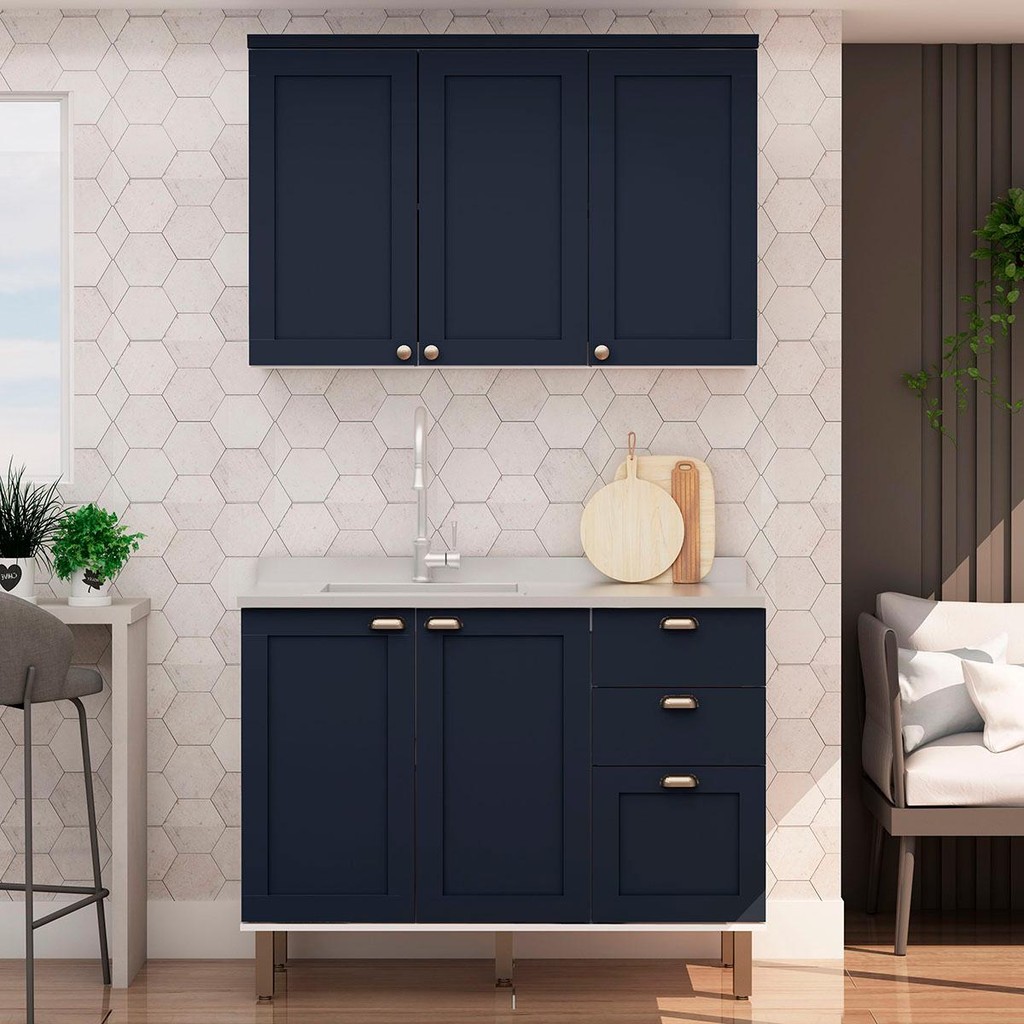 Armário de Cozinha Genialflex 2 Peças Sem Tampo Branco Azul em Oferta na Shopee