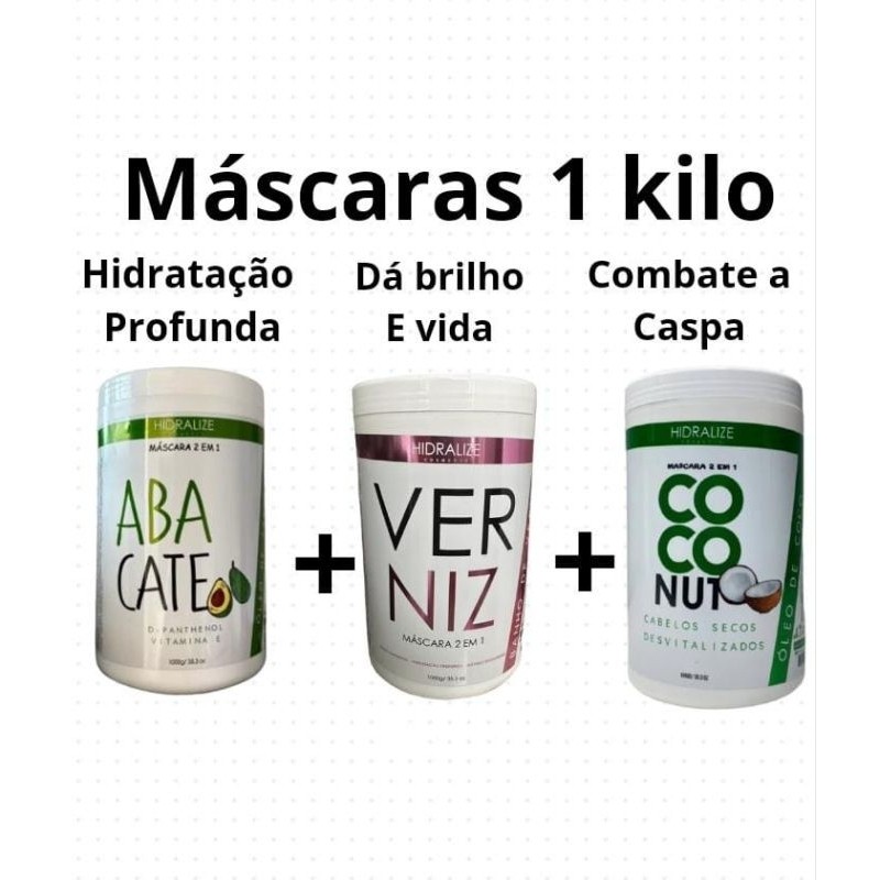 Kit Máscaras de Verniz+ Coco+ Abacate 1 kilo Hidralize Brilho e Maciez em Oferta na Shopee