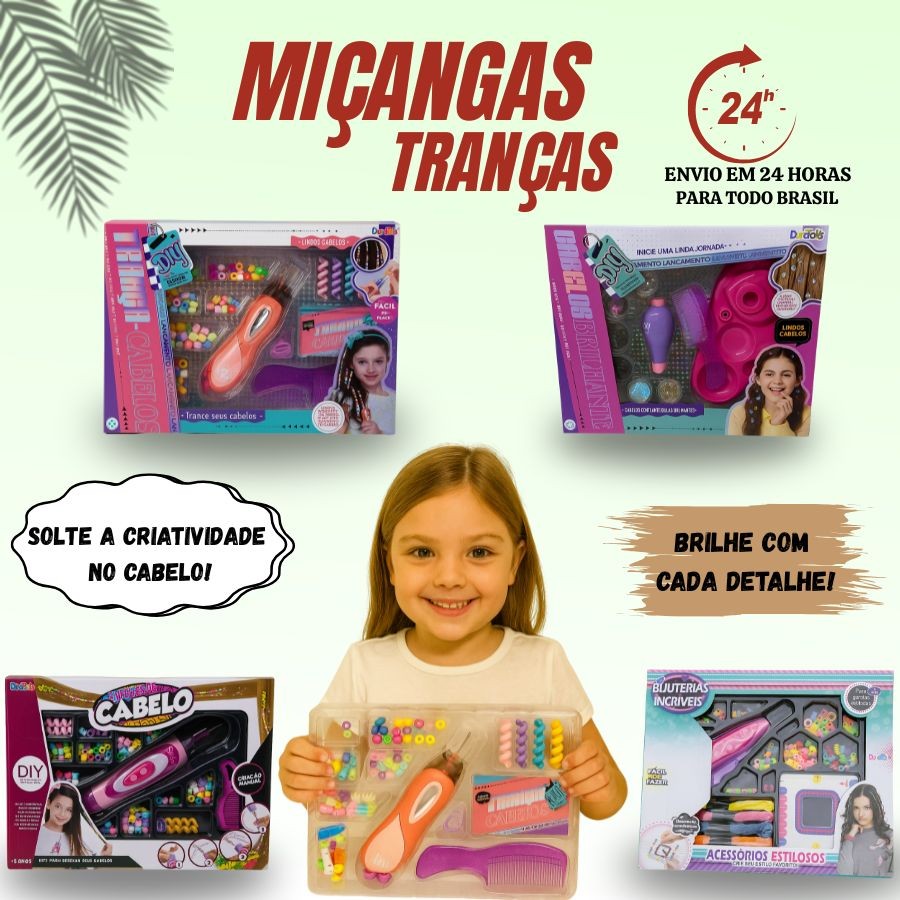 Kit Cabelo Miçanguinhas Infantil Com Aplicador Tererê Tranças Miçangas Acessórios Cabelos Brilhantes