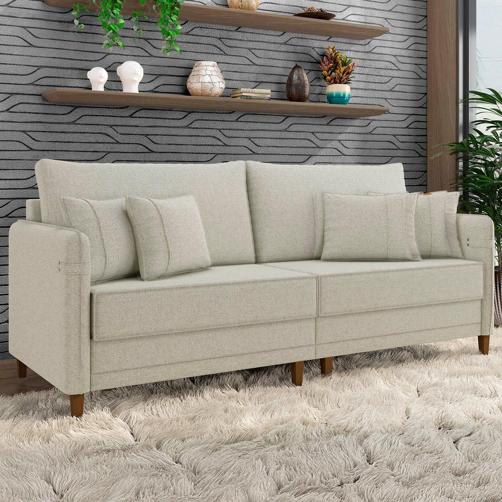 Sofá 3 Lugares Living 212cm Pé Madeira Zoe Linho Cru Z08    - Mpozenato em Oferta na Shopee