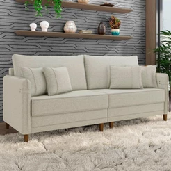 Sofá 3 Lugares Living 212cm Pé Madeira Zoe Linho Cru Z08 - Mpozenato