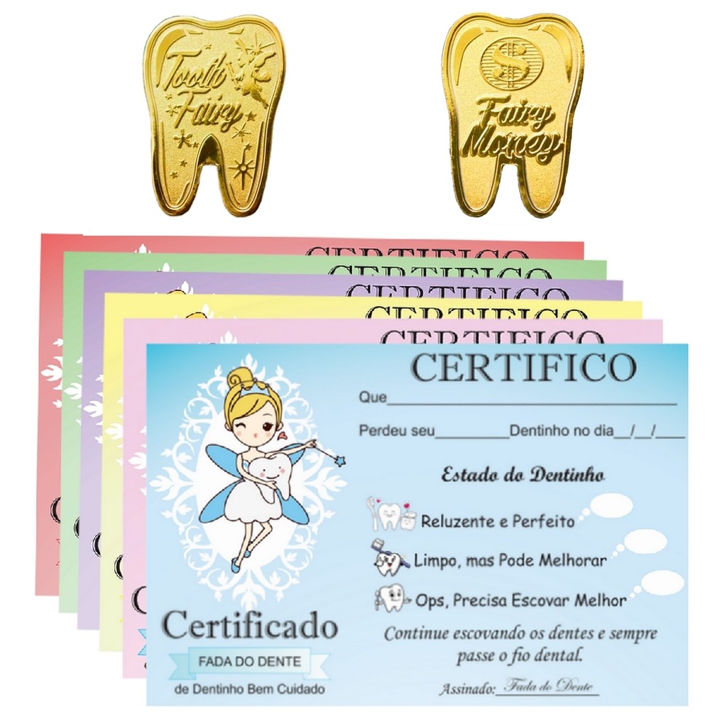 1 Moeda Fada Do Dente Leite Tooth Fairy + 1 Certificado Dentinho Bebe Baby Dourado mod03