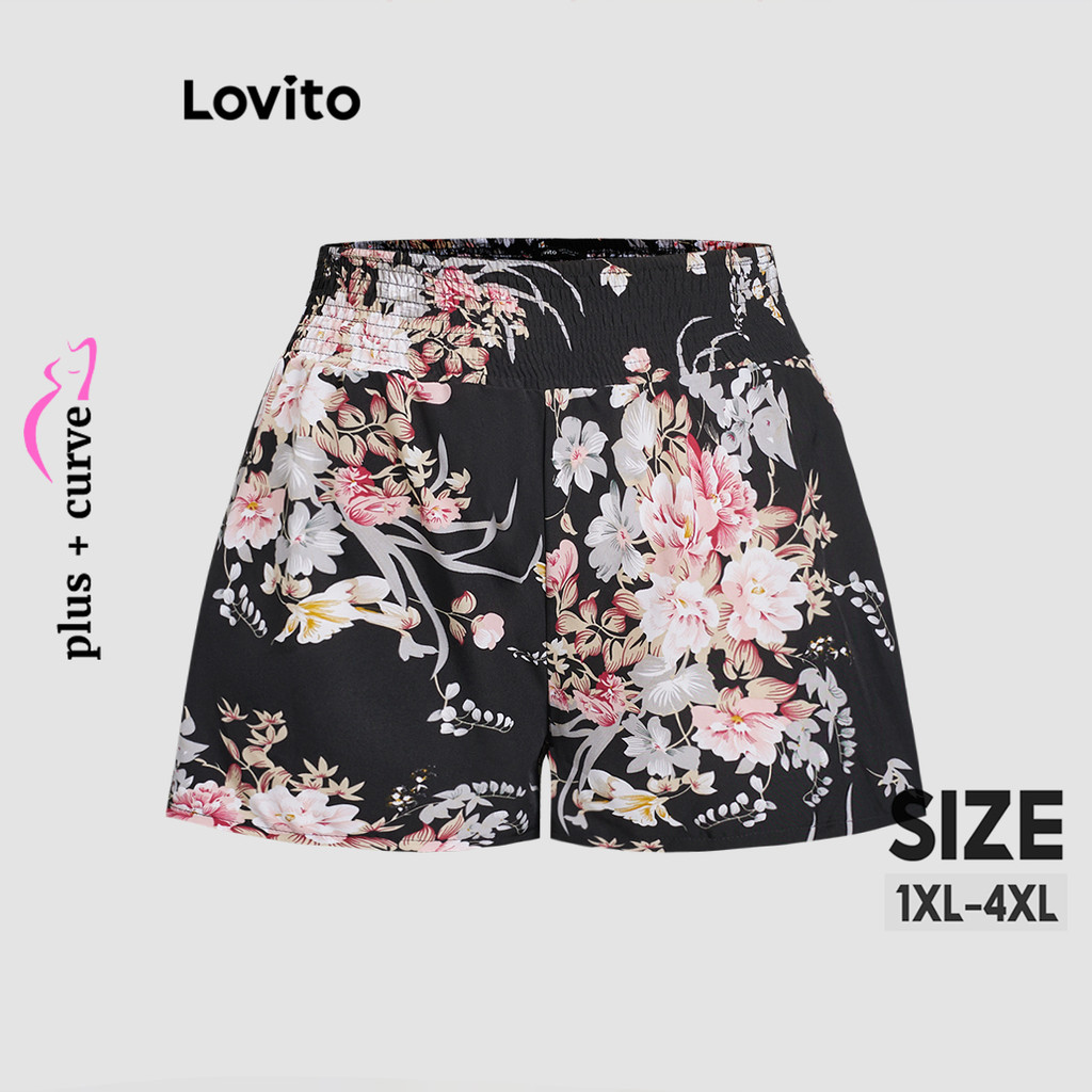 Lovito Plus Size Casual Floral Smocked Colorblock Shorts para Mulheres LBL20144 - Women Clothes