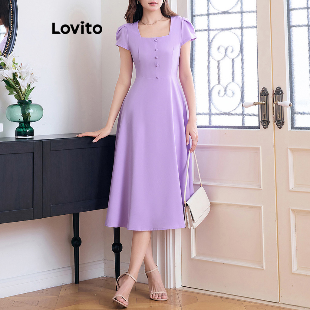 (KOL‘s pick) Lovito Vestido elegante de botões simples para mulheres em Oferta na Shopee