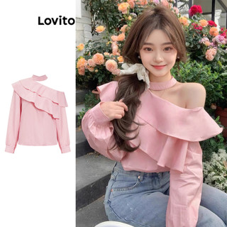 Lovito Blusa fofa lisa com babados assimétricos e renda para mulheres L110AD045 em Oferta na Shopee