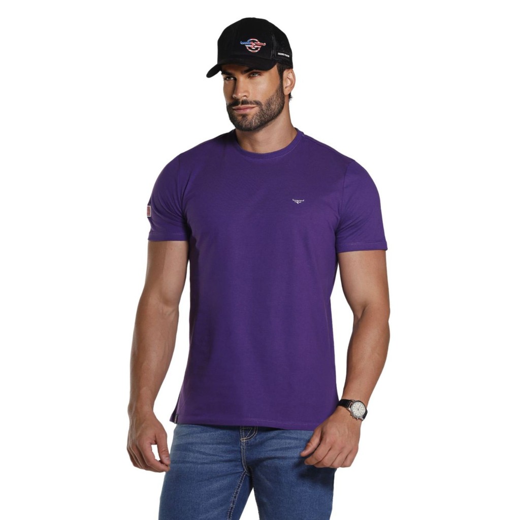 Camiseta Manga Curta Masculina Roxa Bordada Algodão - Rodeo Farm