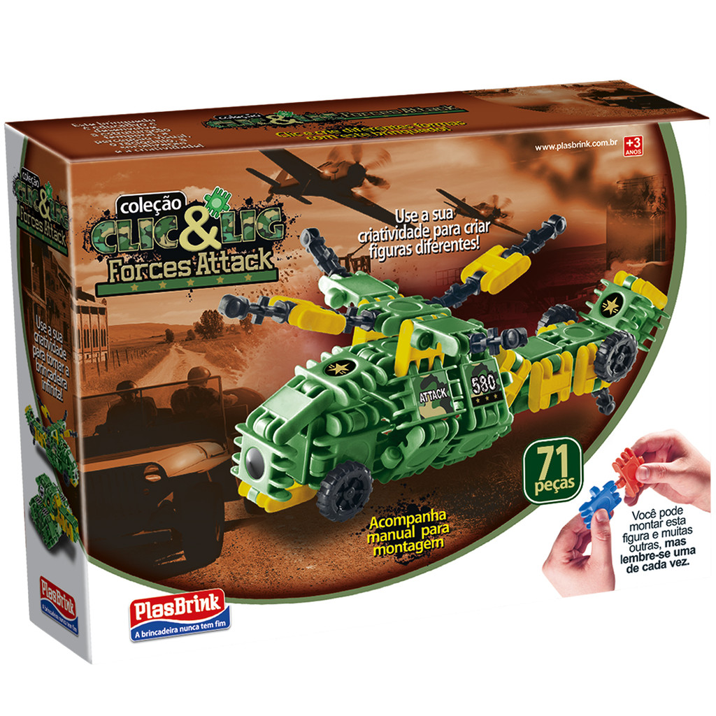Brinquedo Tanque Helicóptero Forces Attack Militar Clic & Lig Guerra Montar 71 Peças PlasBrink