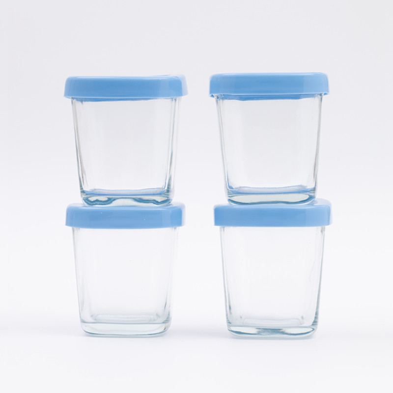 Kit Potes de Vidro Petit Piá 4un 150ml Azul para Leite e Papinha, Tampa Vedação Fácil, Micro-ondas, BPA Free, +0m