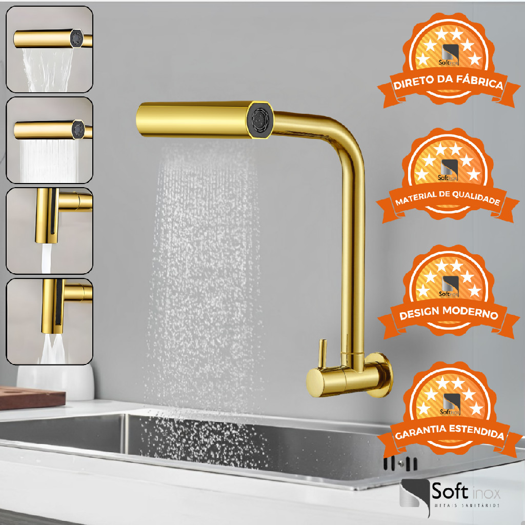 Torneira Gourmet 4 Jatos Rotativa Cozinha Parede em Metal Multifuncional Dourada