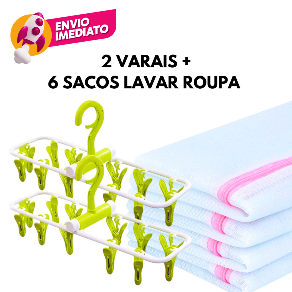 Kit Varal Roupa Intima Dobrável C/12 Prendedores E 6 Saco Lavar Roupa Delicada Saquinho Com Ziper
