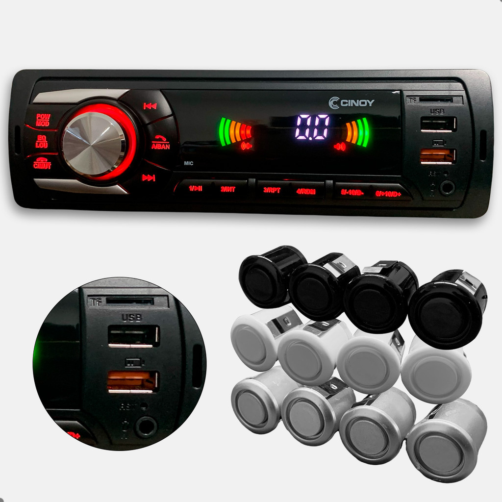 Aparelho de Som Automotivo Bluetooth MP3 FM USB Rádio com Sensor De Estacionamento Ré Preto Branco Prata