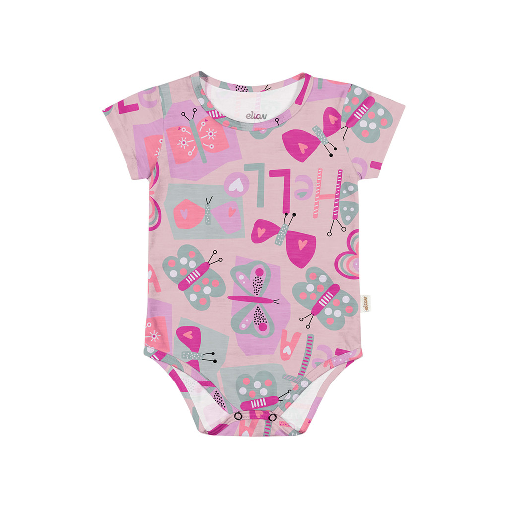 Body Bebê Menina Estampado Curto Elian Rosa - Baby & Kids Fashion