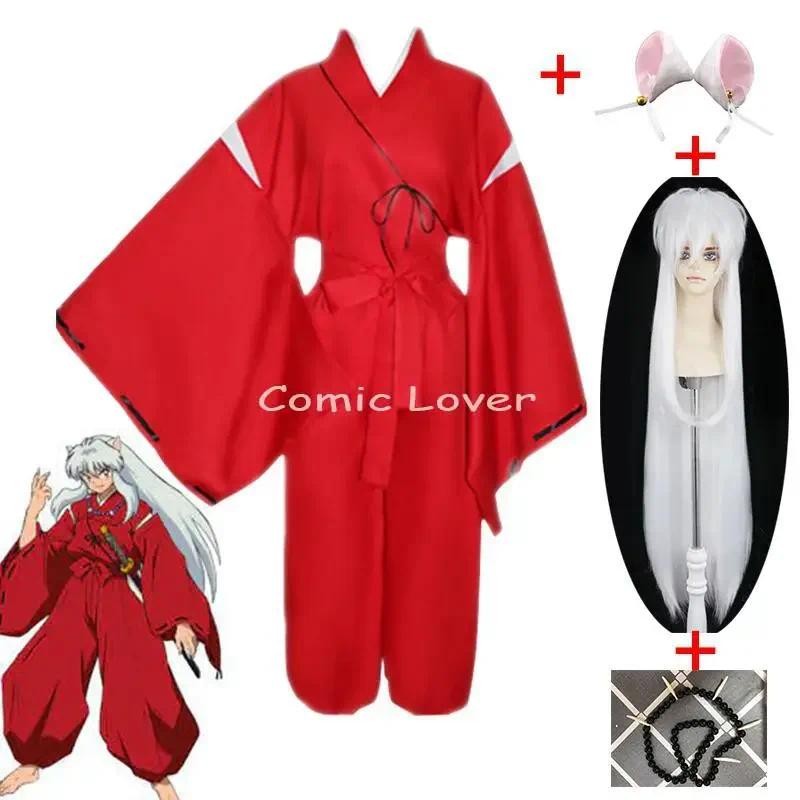 Anime Inuyasha Cosplay Traje Halloween Carnaval Trajes Engraçados Completo Inclui Terno Vermelho Peruca Branca Colares D