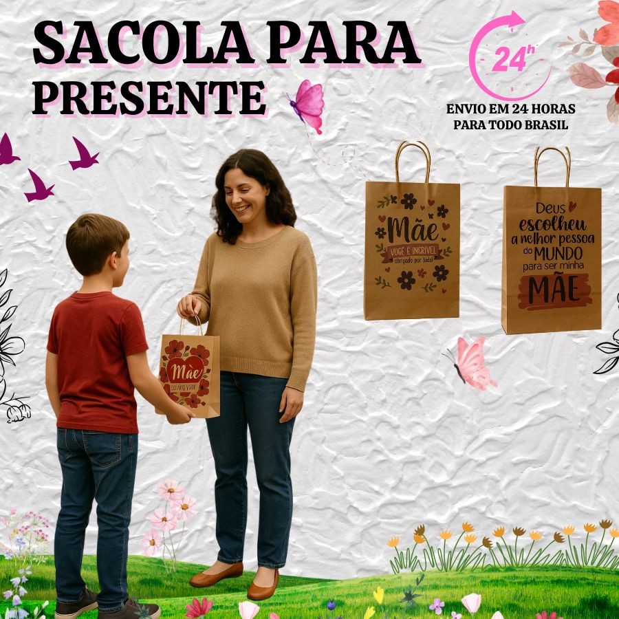 Sacola Kraft Decorativa Para Presente Dia Das Mães - 24 Unidades - P (16,5x11x6)/M (27x21x11)