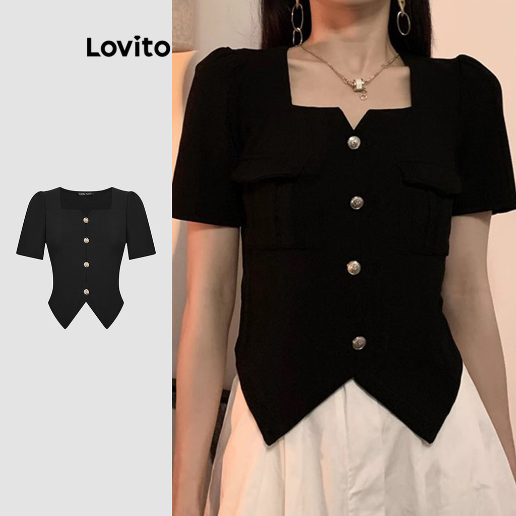 (Trendy) Lovito Blusa Elegante De Verão Com Botão De Metal Liso Dividido Na Frente Para Mulheres L121MD620 - Women Clothes