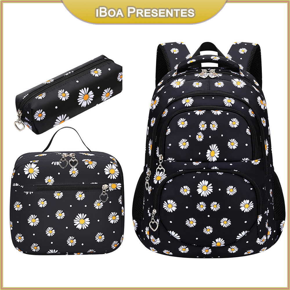 Mochila Feminina Impermeável De 3 Peças Com Estampa De Margaridas Bolsa Escolar De Grande Capacidade Mochila Escolar
