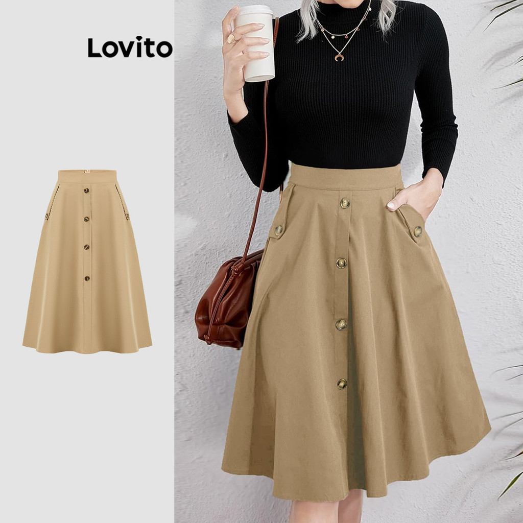 Lovito Saias Elegantes Com Botões Lisos Para Mulheres L112ED343 em Oferta na Shopee