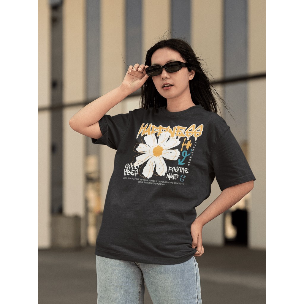 Camisa Camiseta Tshirt Ombro Caido Oversized Gola Alta Streetwear para o Dia a Dia Treinar Academia Estampado - HAPPNESS