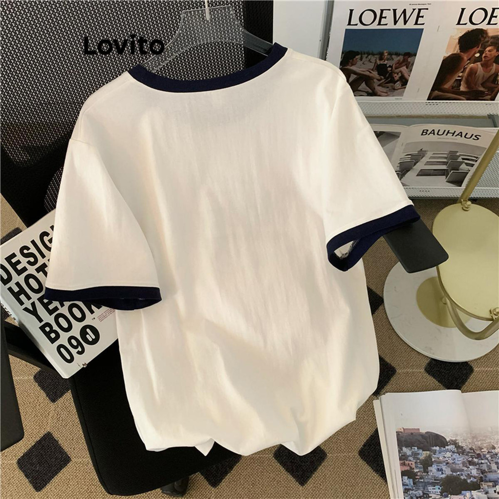 (Trendy) Lovito Camiseta Casual Com Estampa De Letras E Contraste Para Mulheres LNE48106 - Women Clothes