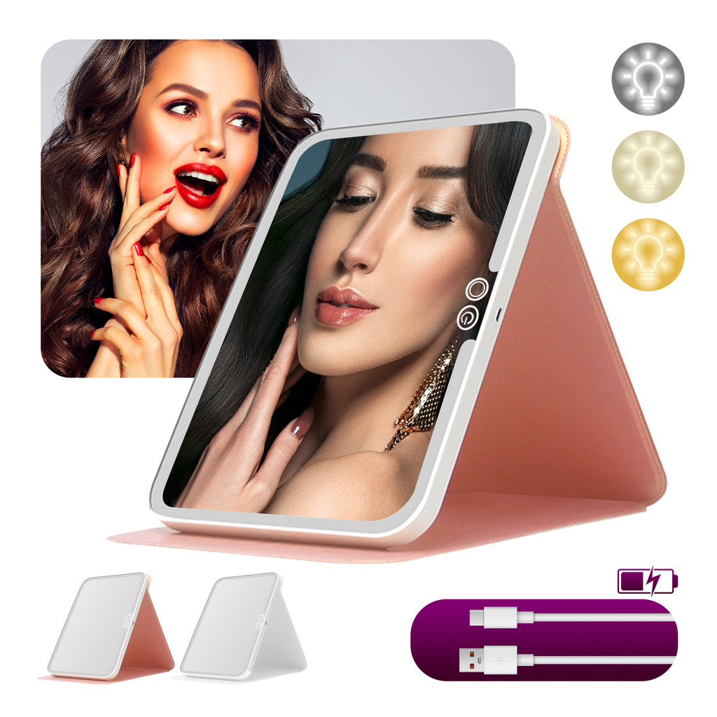 Espelho com Led para Maquiagem Capa de Couro Smart Mesa Dobrável Portátil Luz Ajustável Recarregável em Oferta na Shopee