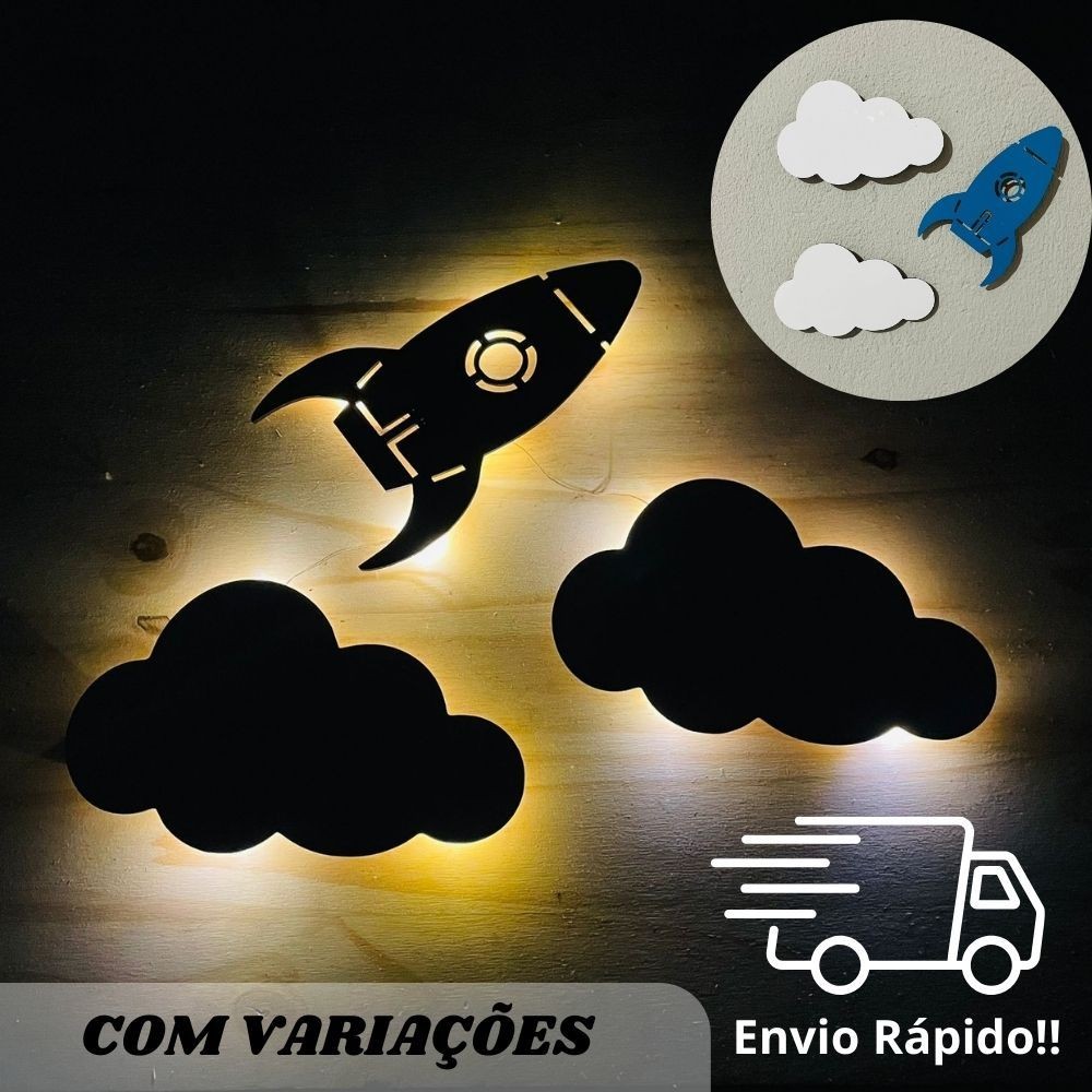 Luminária Abajur Infantil Kit Foguete e nuvem com led Decoração para Quarto Menino