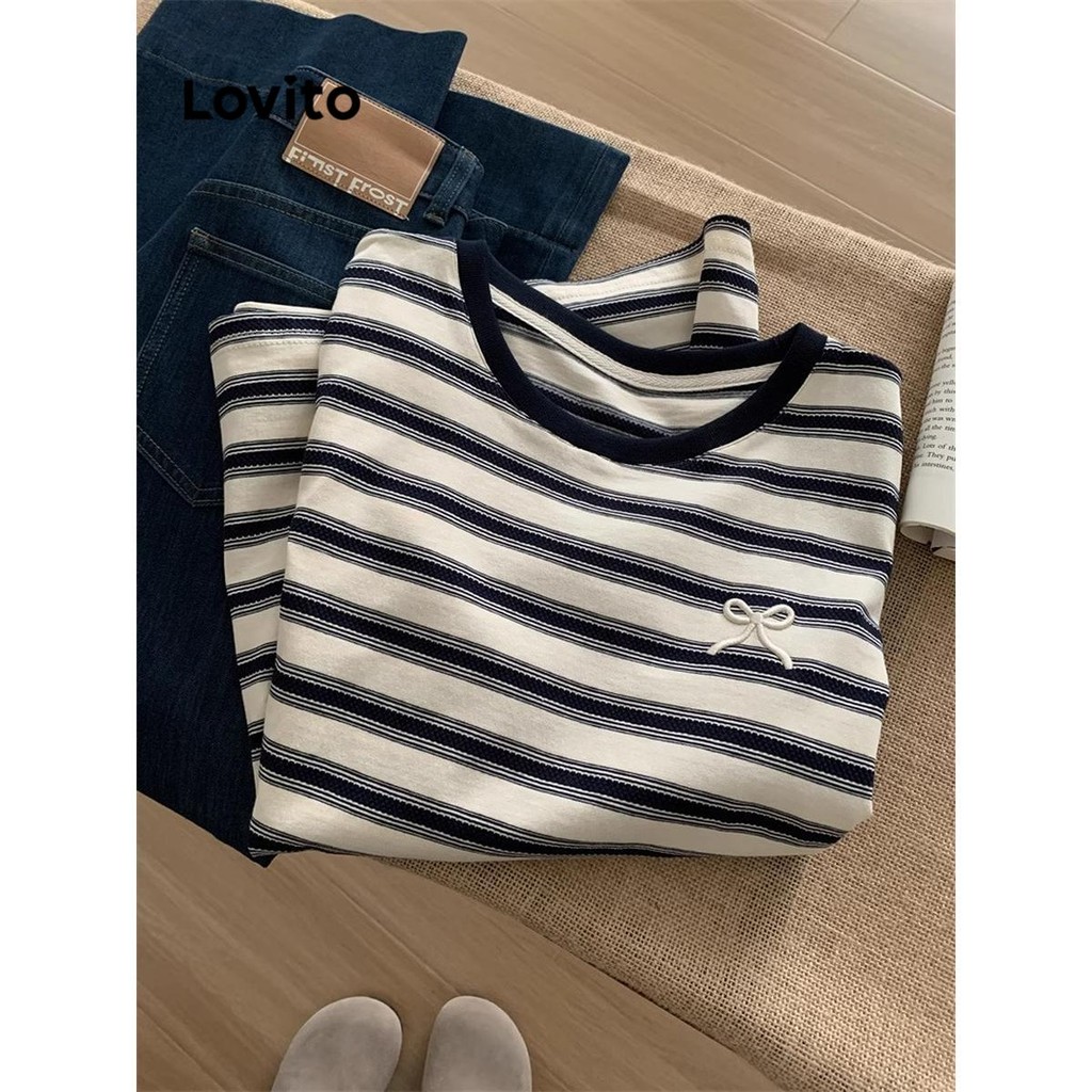 Lovito Camiseta Casual Listrada Com Laço Para Mulheres LNM74053 - Women Clothes