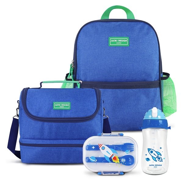 Kit Mochila Escolar, Lancheira Térmica, Pote p/ Lanche e Garrafa 460ml Infantil - Azul em Oferta na Shopee