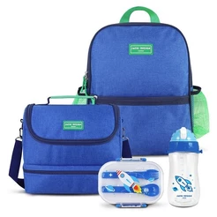 Kit Mochila Escolar, Lancheira Térmica, Pote p/ Lanche e Garrafa 460ml Infantil - Azul