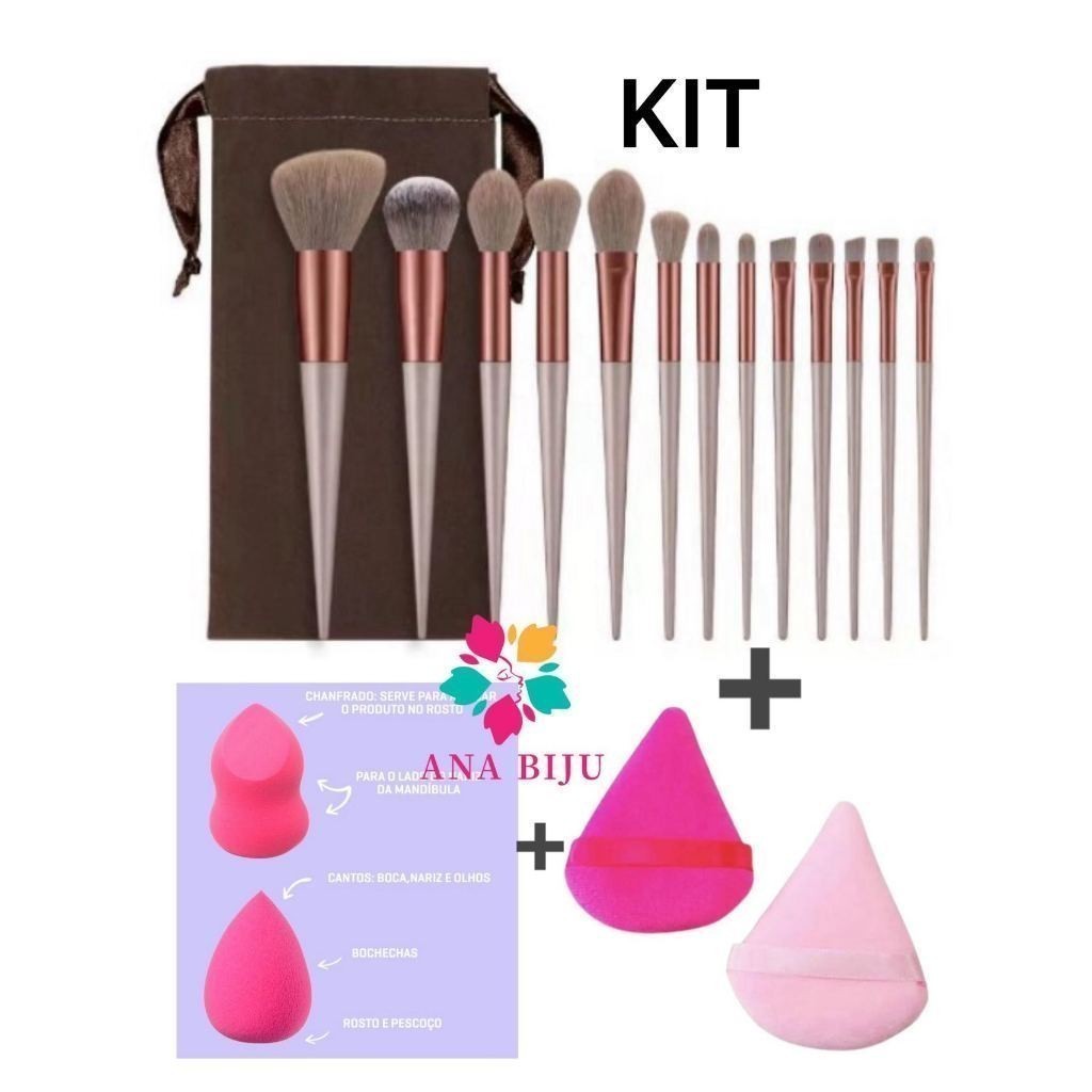 Kit de Pincel 13 + 2 Esponjas + 1 Kit esponja de Pó diamante COR aleatório-GUI ANA - Beauty