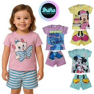Kit 6 Peças Pijama Brilha no Escuro Personagens Menina Infantil Minnie Stitch Malha Levinha em Oferta na Shopee