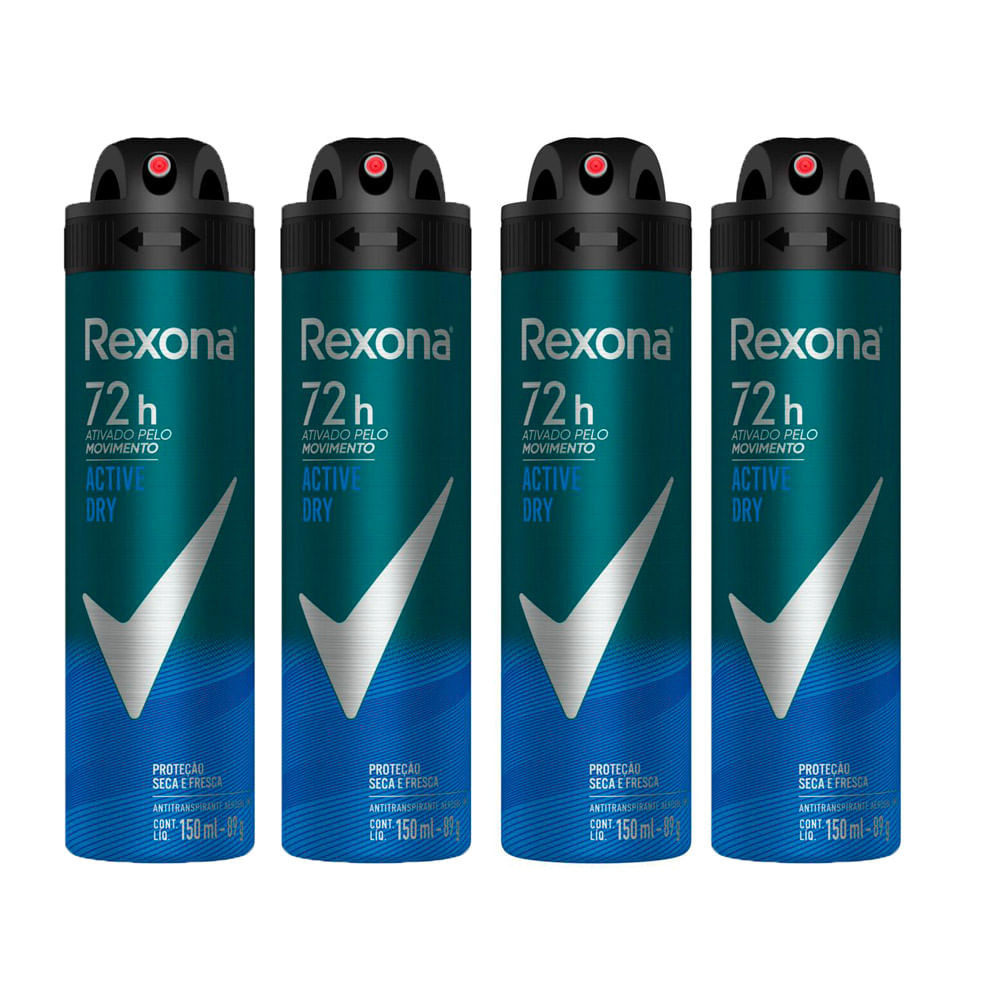 Kit 4 Desodorante Rexona Men Active Dry Aerosol Antitranspirante 72h 150ml - Beauty