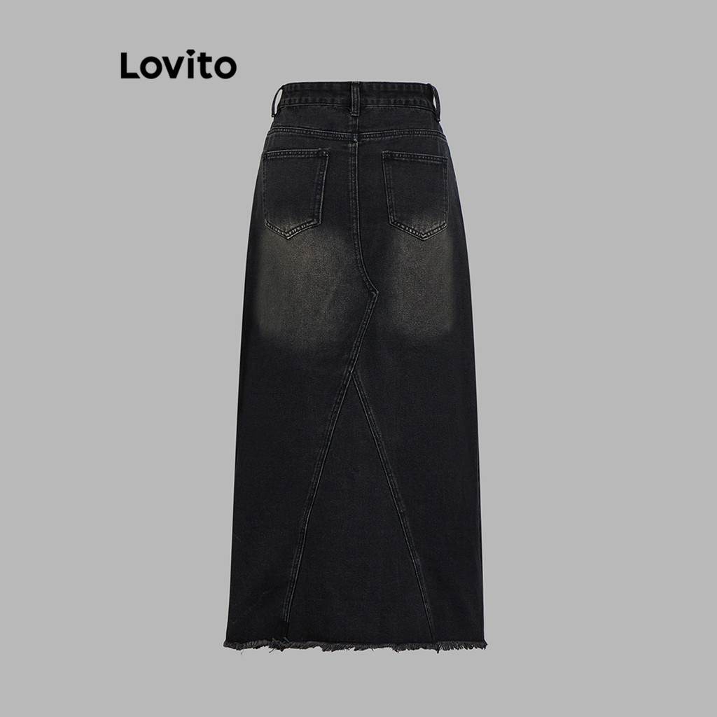 (Trendy) Lovito Saias Jeans Casuais Saia Jeans Lavada Lisa Para Mulheres L105MD048 em Oferta na Shopee