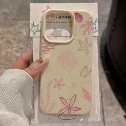 Rosa Mar Estrela Do Escudo Lichee Padrão Caso Para iPhone 17 16e 15 14 13 12 11 Pro Max Plus XS Couro Capa Macia