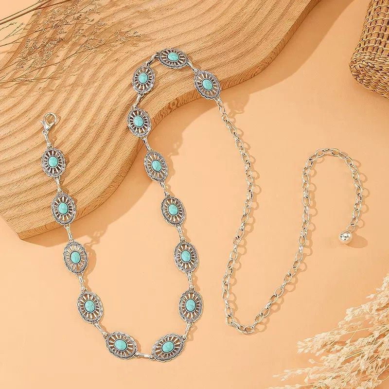 Cinto corrente feminino turquesa oval metal corrente de cintura acessórios decorativos para saias dança de halloween em Oferta na Shopee