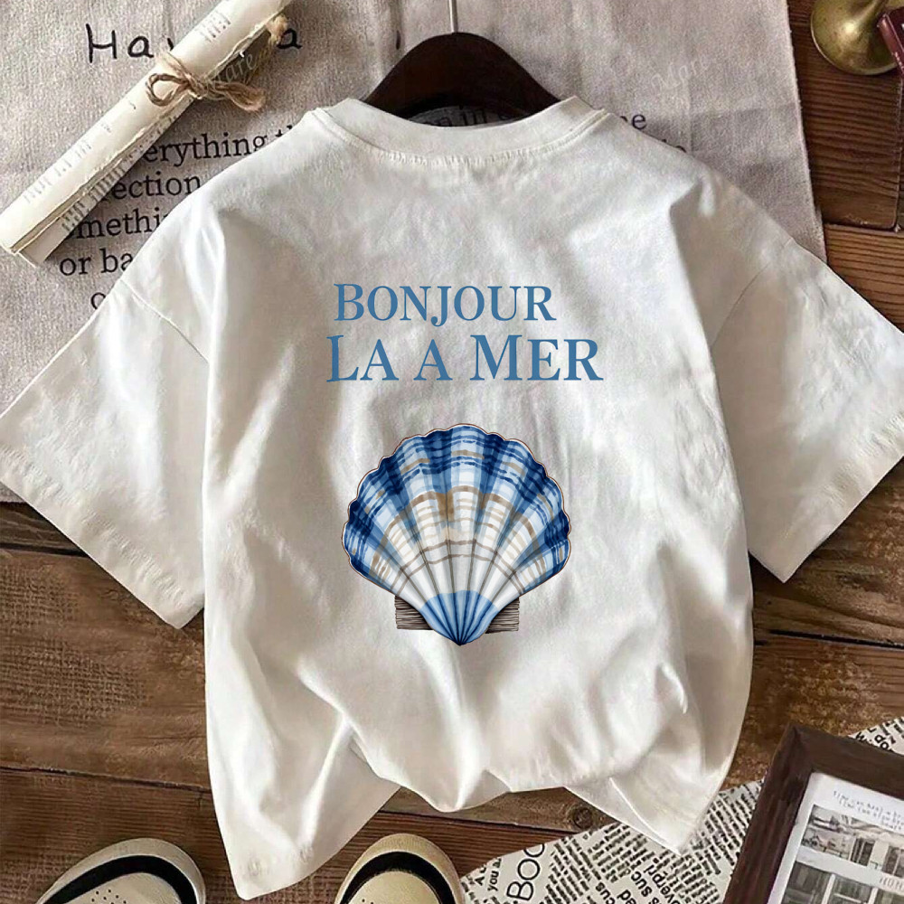 Camiseta Feminina Bonjour La Mer Concha Marinha Blusa Unissex Streetwear 2025 Novo