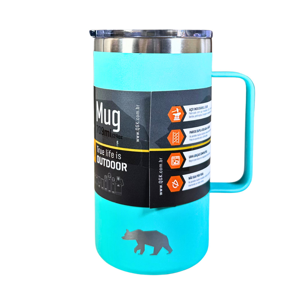 Caneca Térmica QGK Mug 709ml Turquesa | Aço Inox 18/8 Parede Dupla A Vácuo | Não Suja, Livre de BPA, C/ Tampa